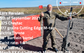 Lars Rørstrøm made 4 hits at 2 miles (3.21869km) at the Cold Bore Range in Denmark with March 5-42×56 Scope!
